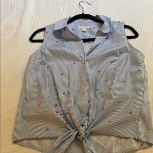 Charter Club Blue and White Sleeveless Tie-Front Blouse with sail flags